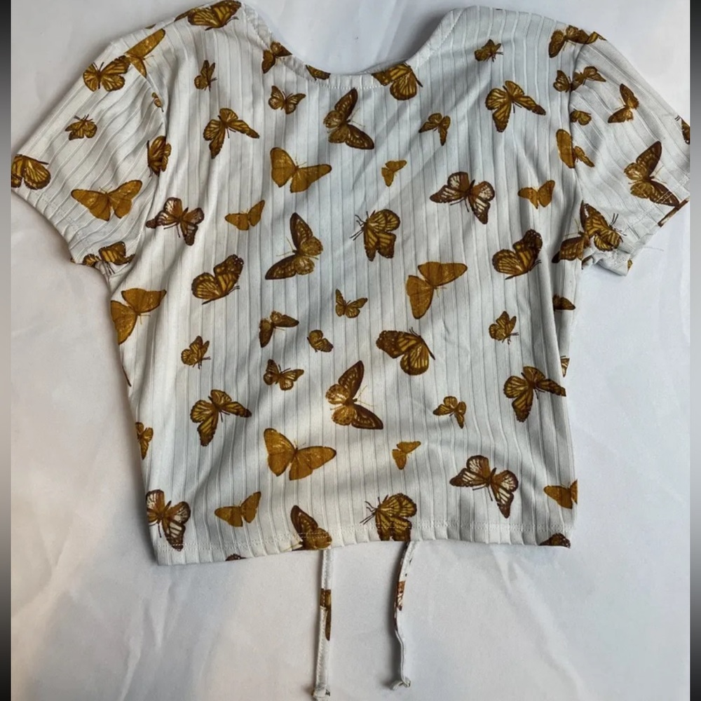 Faded Rose T-Shirt White with Orange Butterflies Open-Back Juniors Size S